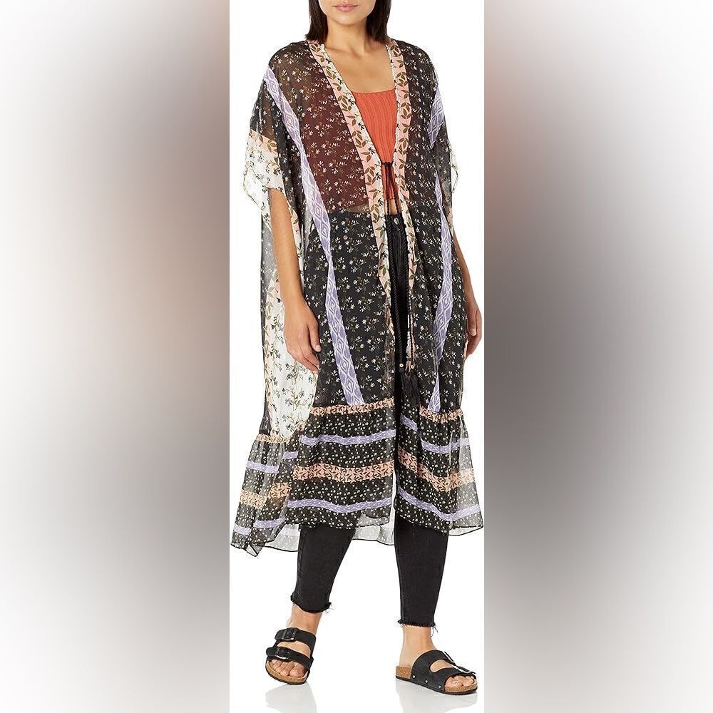 Steve Madden womens Ruffle Duster Printed Kimono With Tie Closure